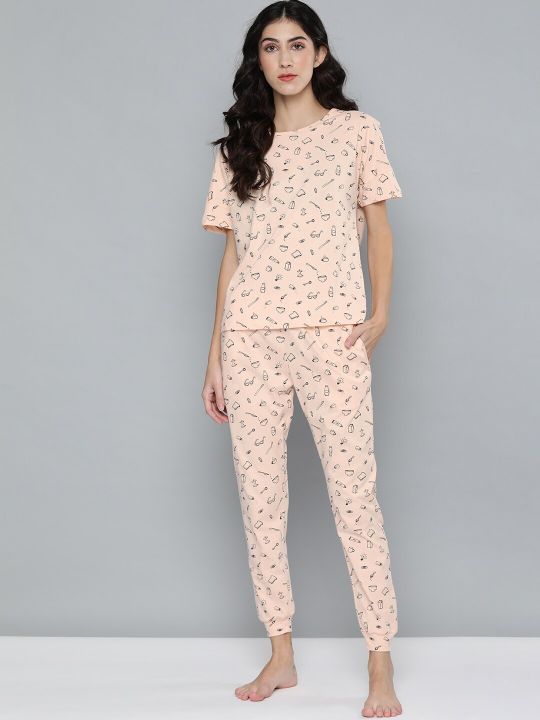 Mast & Harbour Women Peach-Coloured Printed Pure Cotton Night Suit