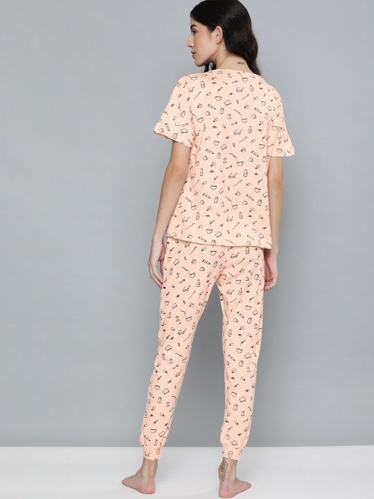 Mast & Harbour Women Peach-Coloured Printed Pure Cotton Night Suit