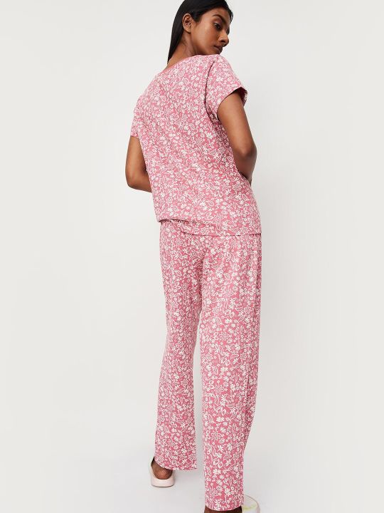 max Round Neck Floral Printed Pure Cotton Night T-Shirt & Trousers