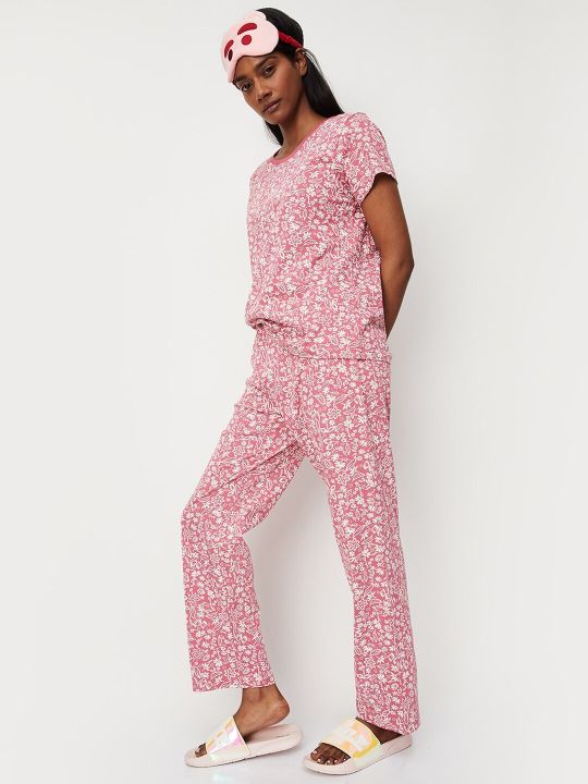 max Round Neck Floral Printed Pure Cotton Night T-Shirt & Trousers