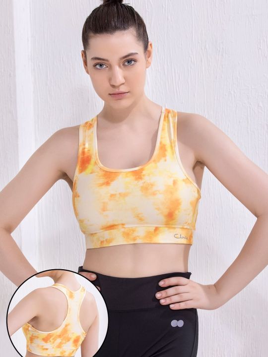 Medium Impact Padded Non-Wired Tie-Dye Sports Bra in Orange Colour with Removable Cups
