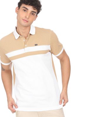 Men Beige And White Cotton Colour Block Polo Shirt (Arrow Sports)