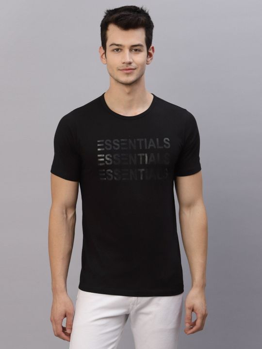 Men Black Essentials Printed Round Neck Cotton Half Sleeve T-shirt (RIGO)