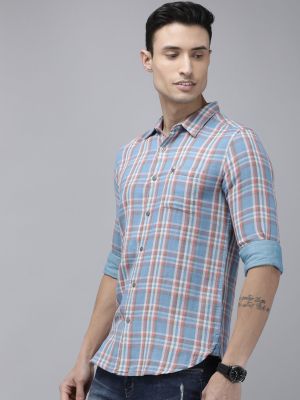 Men Blue Checked Slim Fit Double Cloth Cotton Casual Shirt (THE BEAR HOUSE)