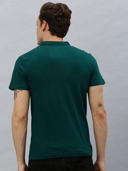 Men Dark Green Solid Mandarin Collar Cotton T-Shirt (Urbano Fashion)