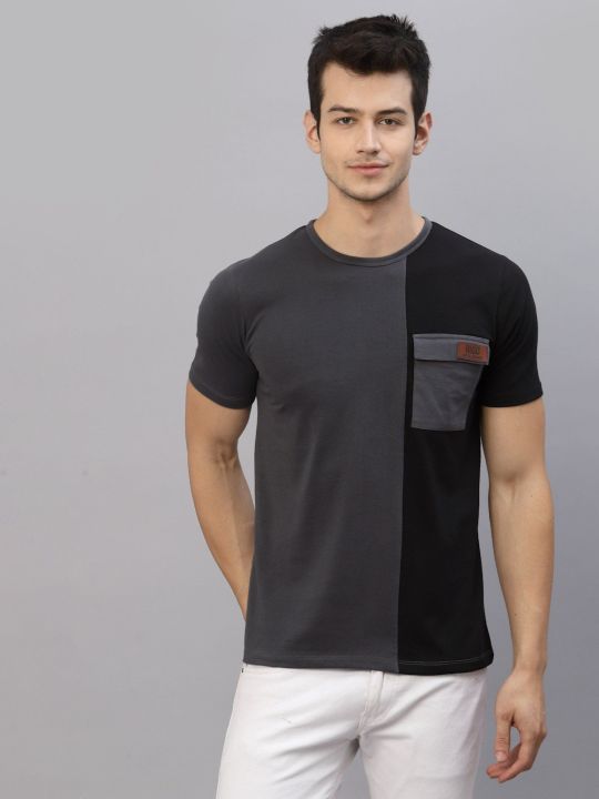 Men Dark Grey Black Cut & Sew Round Neck Cotton Half Sleeve T-shirt (RIGO)