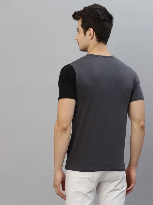 Men Dark Grey Black Cut & Sew Round Neck Cotton Half Sleeve T-shirt (RIGO)