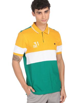 Men Green Panelled Cotton Colour Block Polo Shirt (AD By Arvind)