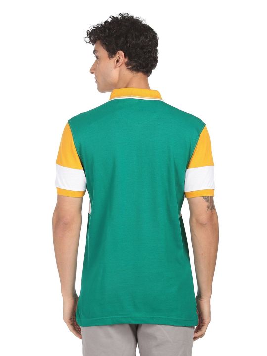 Men Green Panelled Cotton Colour Block Polo Shirt (AD By Arvind)