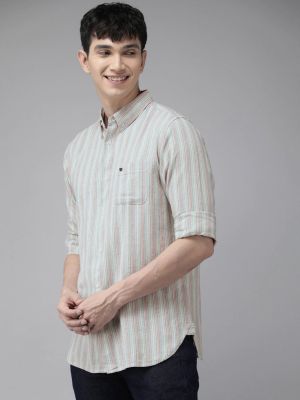 Men Multi-coloured Striped Slim Fit Linen Cotton Casual Shirt (THE BEAR HOUSE)