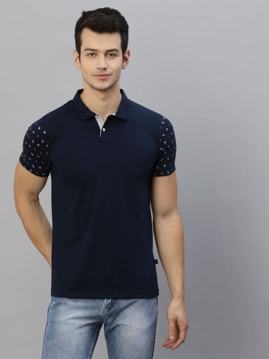 Men Navy Printed Polo Neck Half Sleeve T-shirt (RIGO)