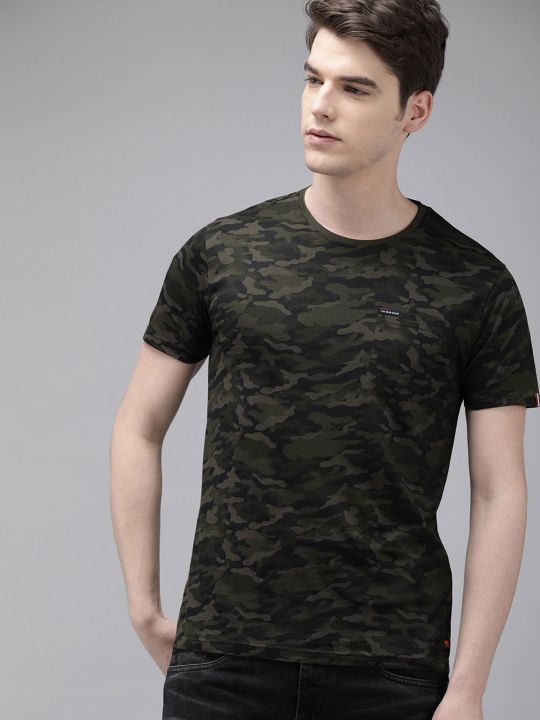 Men Olive Green Black Slim Fit Camouflage Printed Round Neck T-shirt (THE BEAR HOUSE)