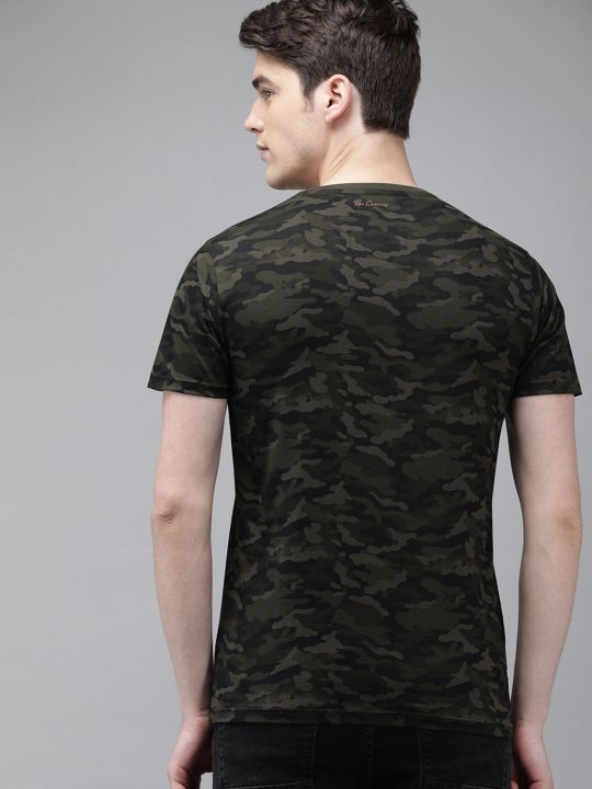 Men Olive Green Black Slim Fit Camouflage Printed Round Neck T-shirt (THE BEAR HOUSE)