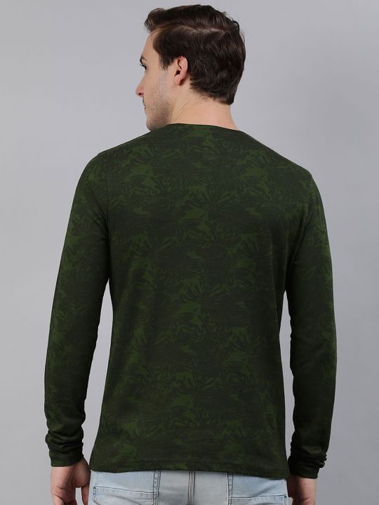 Men Olive Printed Full Sleeve Slim Fit T-shirt (Urbano Fashion)