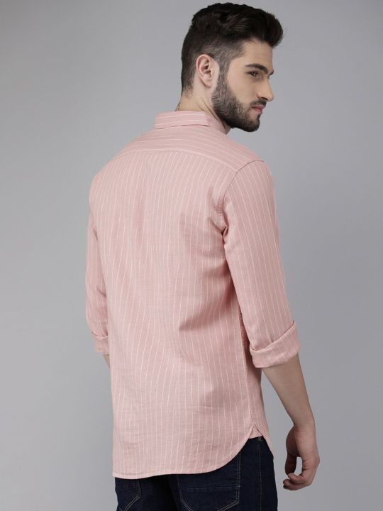 Men Pink Button-down Cotton Linen Shirt (THE BEAR HOUSE)
