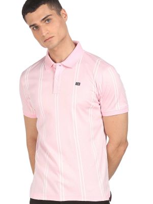 Men Pink Ribbed Collar Pique Striped Polo Shirt (Arrow Sports)