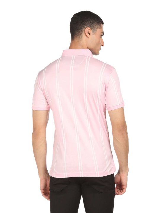 Men Pink Ribbed Collar Pique Striped Polo Shirt (Arrow Sports)