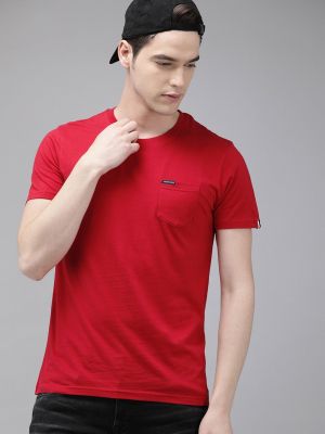 Men Red Slim Fit Solid Round Neck T-shirt (THE BEAR HOUSE)