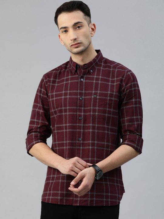 Men's Checked Slim Fit Long Sleeves Maroon Shirt (THE BEAR HOUSE)