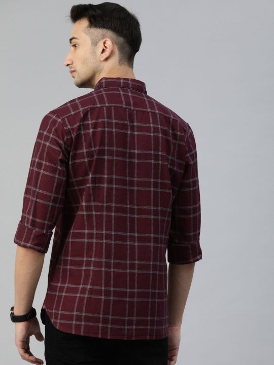 Men's Checked Slim Fit Long Sleeves Maroon Shirt (THE BEAR HOUSE)
