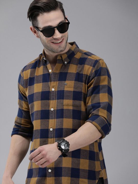 Men's Rust Checked Flannel Long Sleeves Slim Fit Shirt (THE BEAR HOUSE)