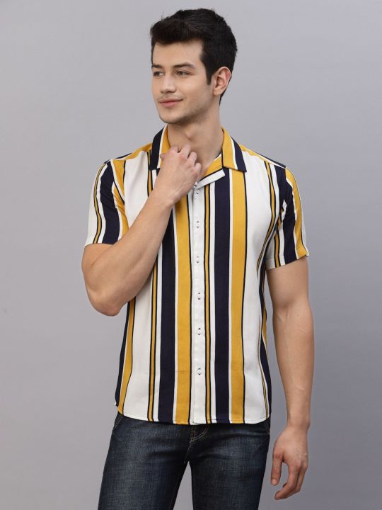 Men Striped Cuban Collar Half Sleeve Shirt (RIGO)