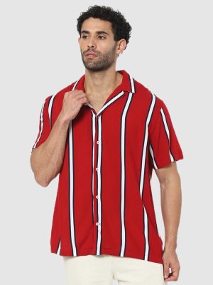 Men Striped Red Short Sleeve Shirt (CELIO)
