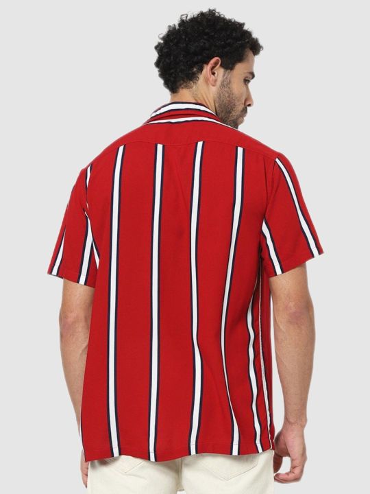 Men Striped Red Short Sleeve Shirt (CELIO)