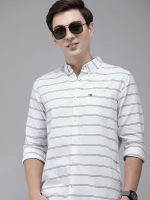 Men White Striped Pure Cotton Slim Fit Casual Shirt (THE BEAR HOUSE)