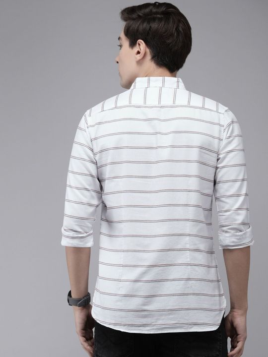 Men White Striped Pure Cotton Slim Fit Casual Shirt (THE BEAR HOUSE)