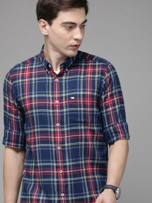 Mens Blue Checked Flannel Slim Fit Casual Shirt (THE BEAR HOUSE)