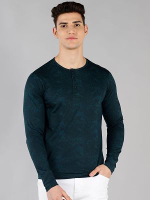 Mens Dark Green Printed Henley Neck Full Sleeve Cotton T-shirt (Urbano Fashion)