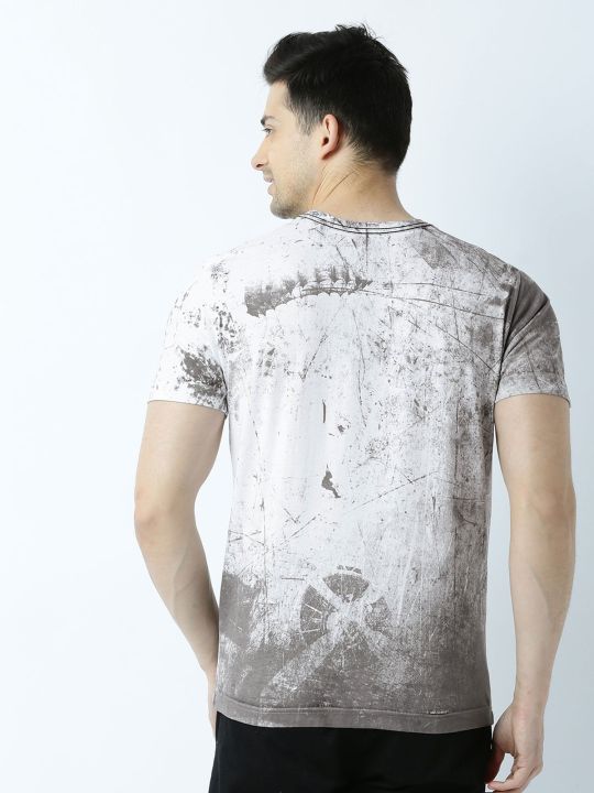 Mens Printed Round Neck White T-Shirt (Huetrap)