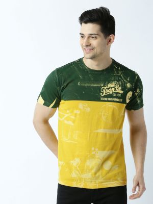Mens Printed Round Neck Yellow T-Shirt (Huetrap)
