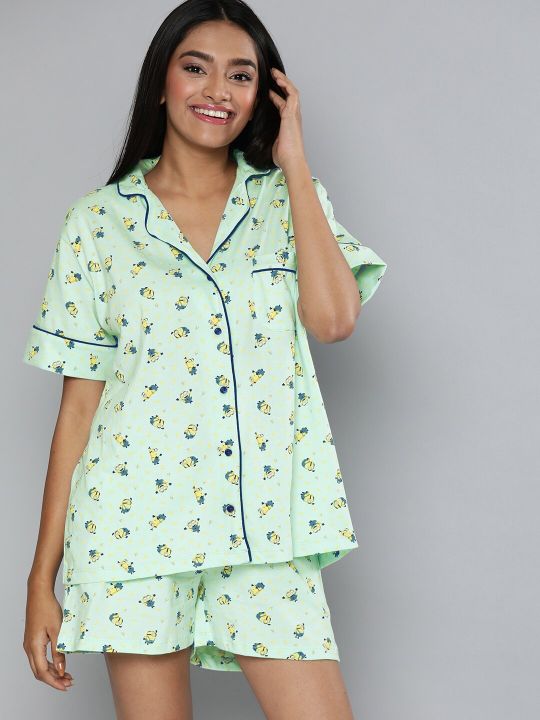 Minions by Dressberry Women Blue & Yellow Printed Night suit