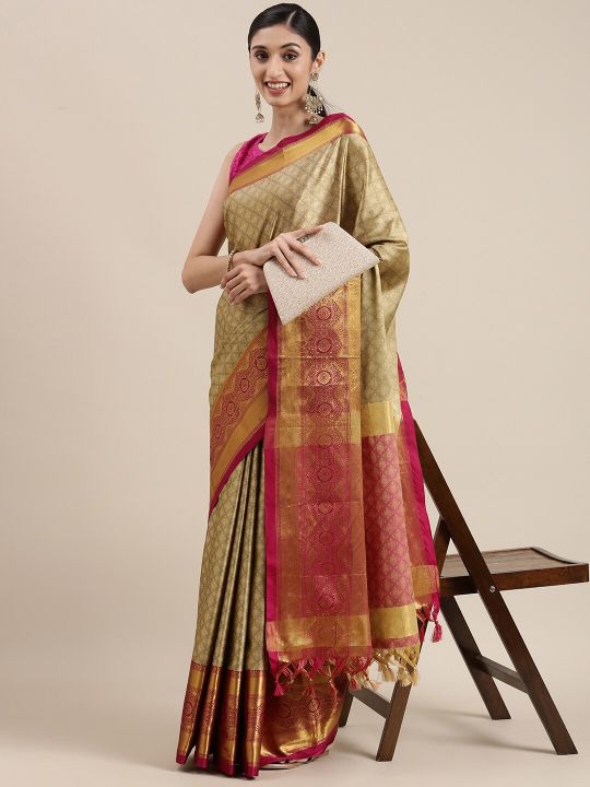 Mitera Beige Ethnic Motifs Zari Silk Cotton Banarasi Saree