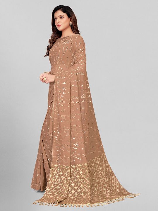 Mitera Beige & Gold-Toned Embellished Sequinned Pure Georgette Saree