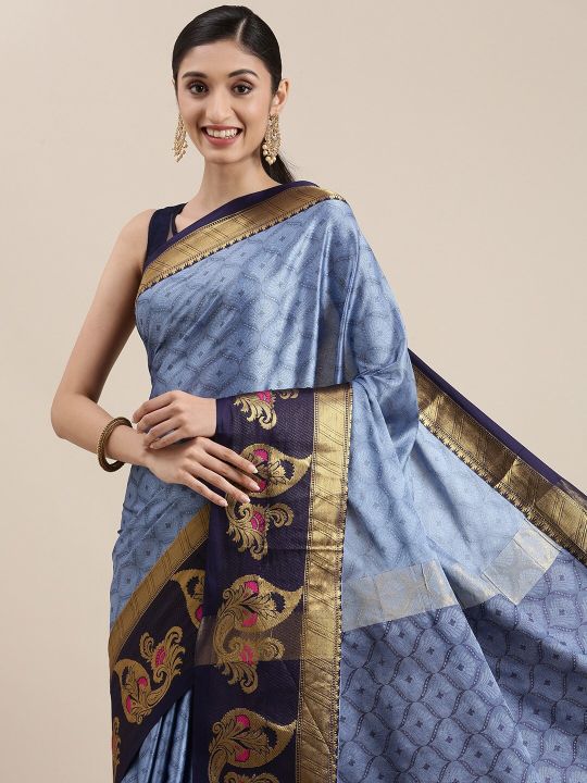 Mitera Blue Ethnic Motifs Zari Silk Cotton Banarasi Saree