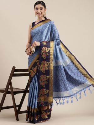 Mitera Blue Ethnic Motifs Zari Silk Cotton Banarasi Saree