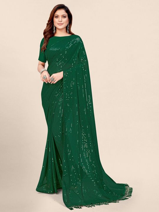Mitera Green Embellished Sequinned Pure Georgette Saree