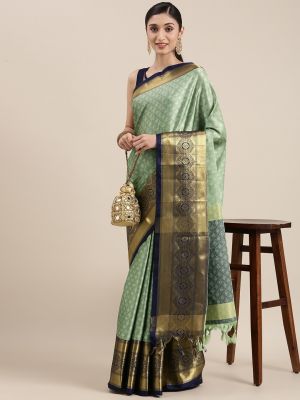 Mitera Green Ethnic Motifs Zari Silk Cotton Banarasi Saree