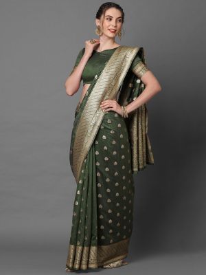Mitera Olive Green & Gold-Toned Woven Design Zari Silk Cotton Banarasi Saree