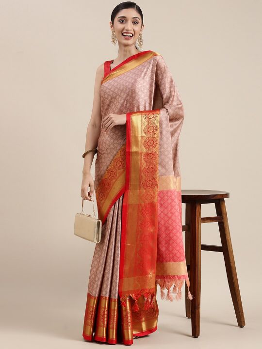 Mitera Pink Ethnic Motifs Zari Silk Cotton Banarasi Saree