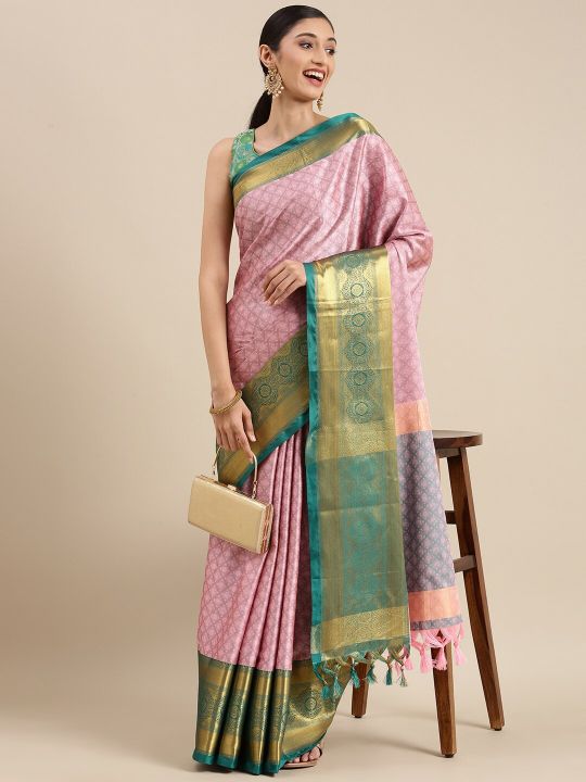 Mitera Pink Ethnic Motifs Zari Silk Cotton Banarasi Saree