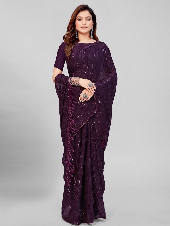Mitera Purple Embellished Sequinned Pure Georgette Saree