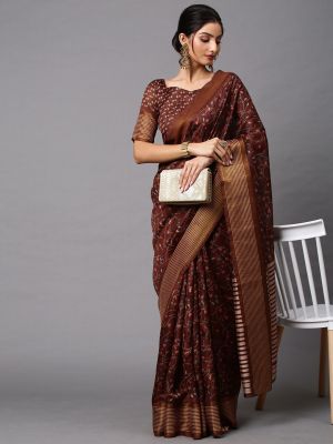 Mitera Women Brown Printed Linen Blend Saree