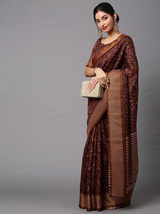 Mitera Women Brown Printed Linen Blend Saree