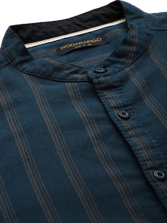 Moda Rapido Men Teal Blue & Grey Slim Fit Striped Sustainable Casual Shirt
