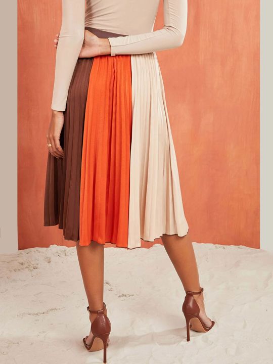 Multi-color Colorblock Pleated A-line Midi Skirt (Styli)