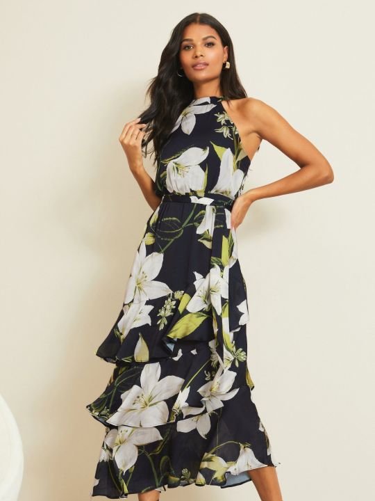 Multi-color Floral Printed Tiered Halter Midi Dress With Belt (Lipsy)